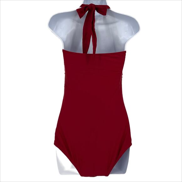 Halter Neck Swimsuit Color Block Red and Burgundy Size Medium - Picture 4 of 5